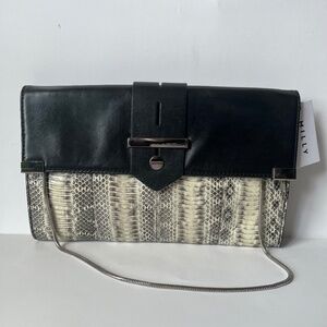 MILLY Mercer Snakeskin Black Leather Shoulder Chain Envelope Clutch